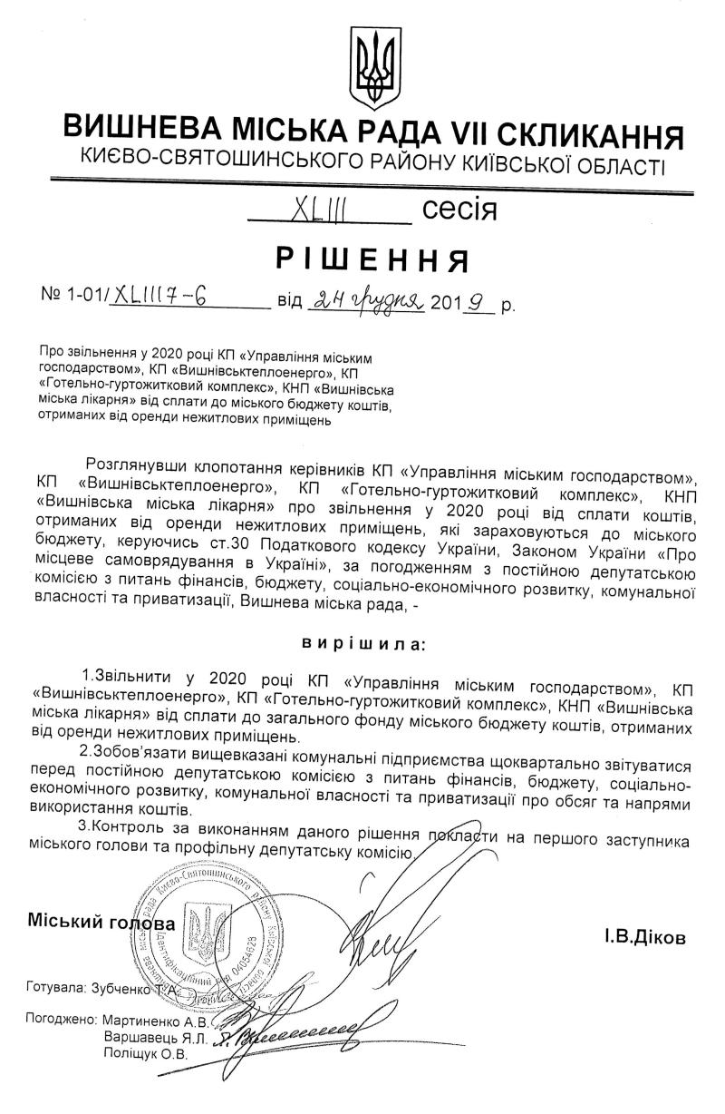 РІШЕННЯ ХLIII СЕСІЇ VIІ СКЛИКАННЯ від 24.12.2019 року