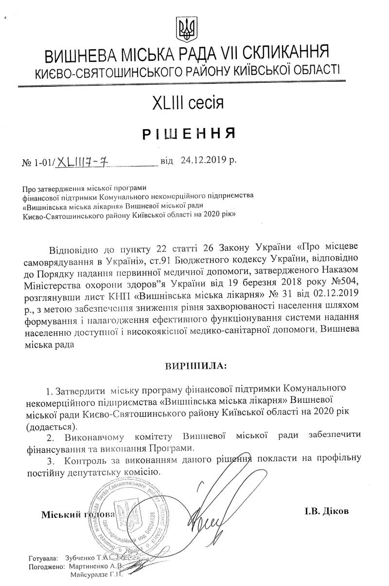 РІШЕННЯ ХLIII СЕСІЇ VIІ СКЛИКАННЯ від 24.12.2019 року