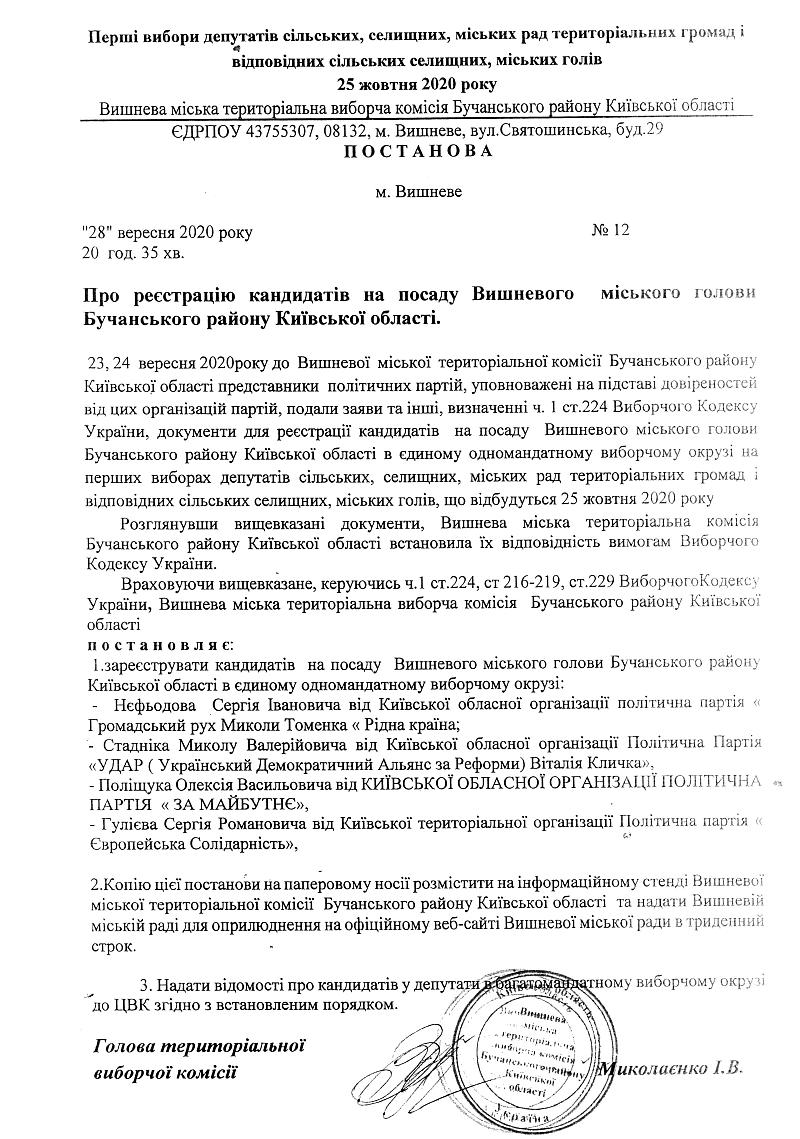 Постанова № 12 від 28 вересня 2020 року. Про реєстрацію кандидатів на посаду Вишневого міського голови Бучанського району Київської області