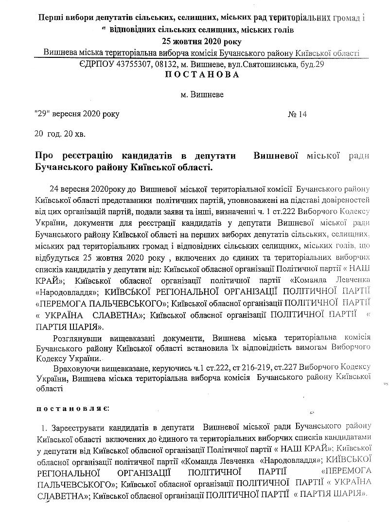 Постанова №14 від 29 вересня 2020 року. Про реєстрацію кандидатів в депутати Вишневої міської ради Бучанського району Київської області