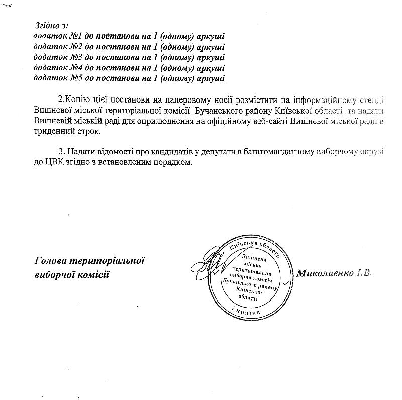 Постанова №14 від 29 вересня 2020 року. Про реєстрацію кандидатів в депутати Вишневої міської ради Бучанського району Київської області