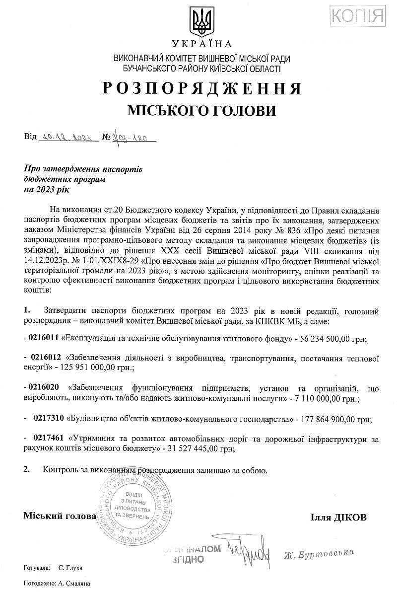 Розпорядження міського голови від 26.12.2023 р. № 3/03 - 180 Про затвердження паспортів бюджетних програм на 2023 рік