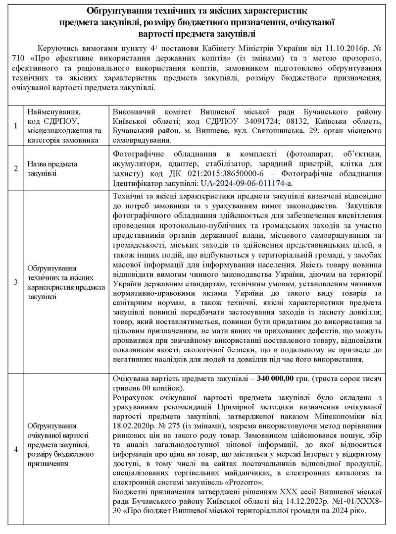 Обґрунтування технічних та якісних характеристик предмета закупівлі, розміру бюджетного призначення, очікуваної вартості предмета закупівлі