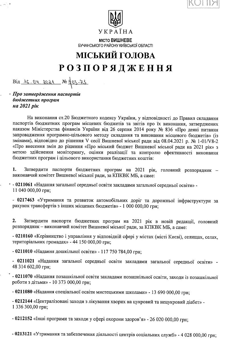 Про затвердження паспортів бюджетних програм на 2021 рік