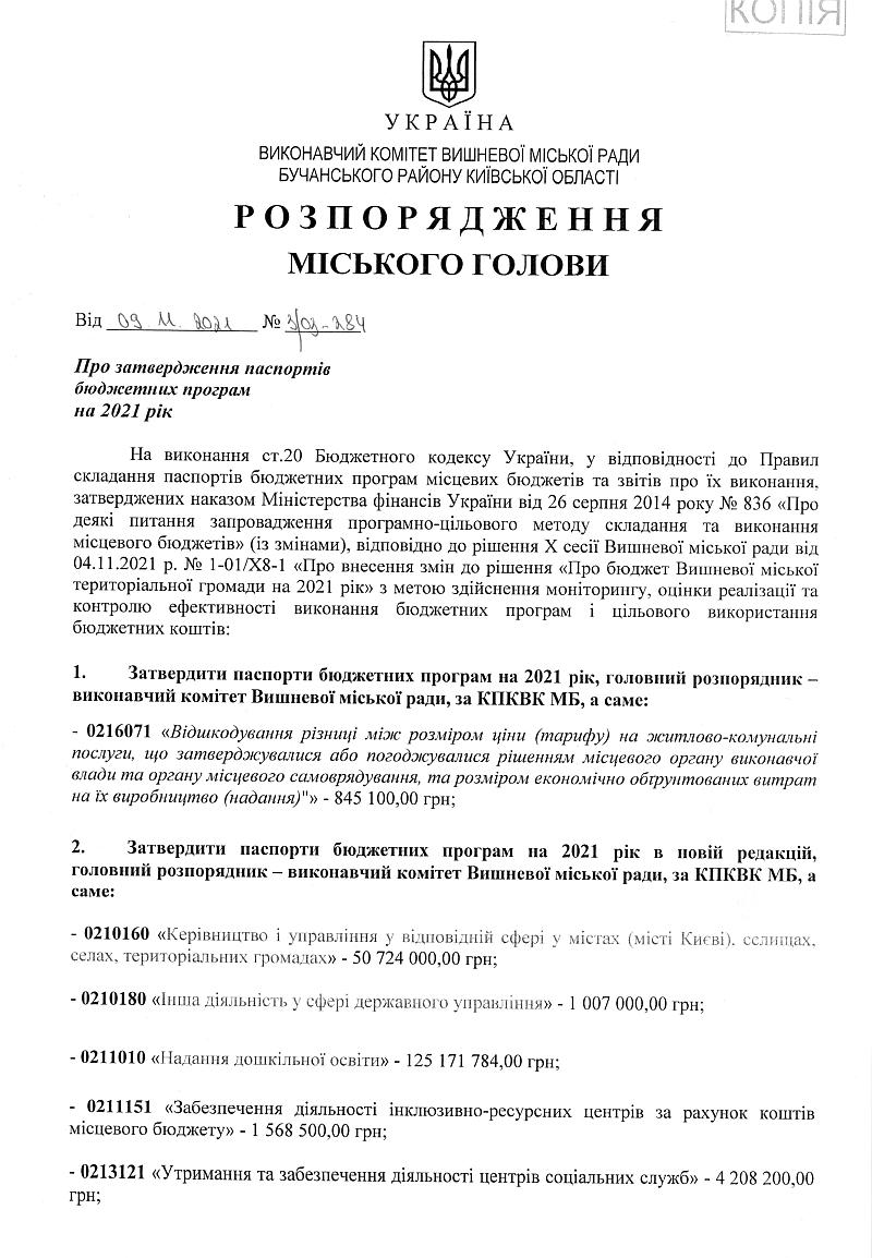 Про затвердження паспортів бюджетних програм на 2021 рік - 284