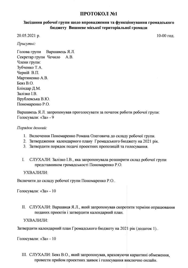 Протокол №1  Засідання робочої групи щодо впровадження та функціонування громадського бюджету  Вишневе міської територіальної громади