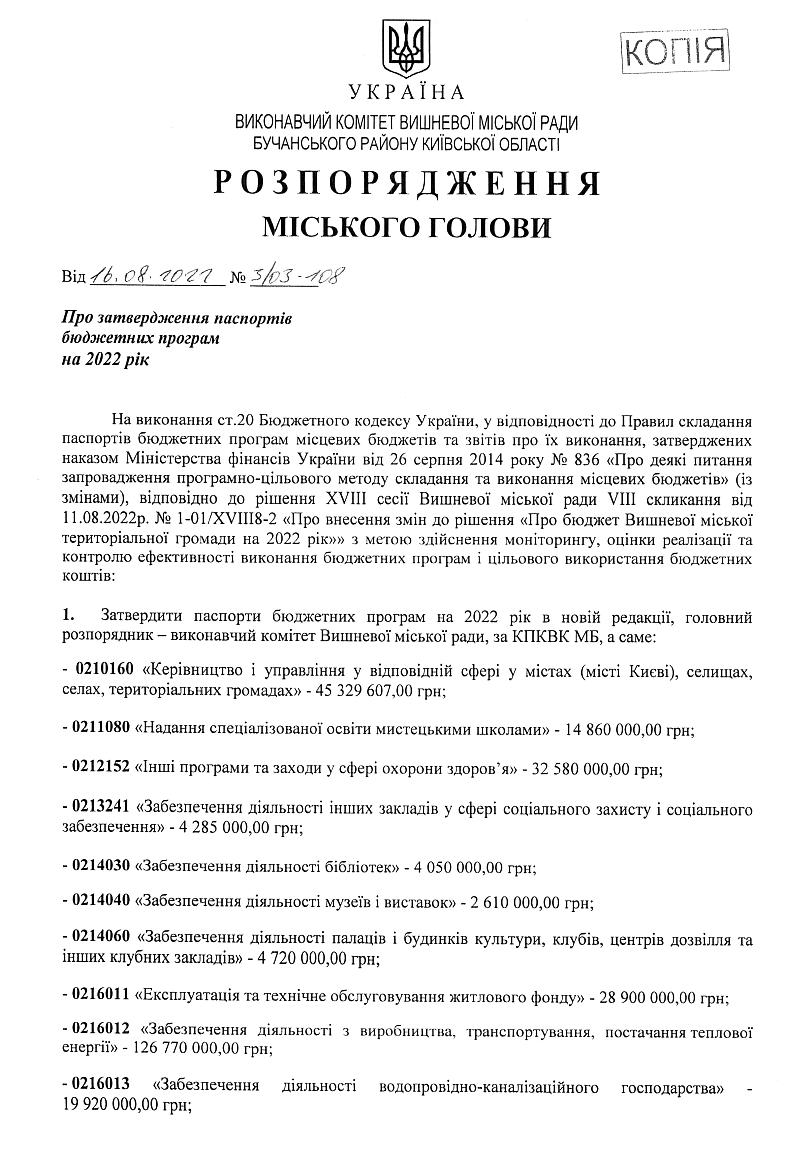 Про затвердження паспорту бюджетної програми на 2022 рік -86 VK