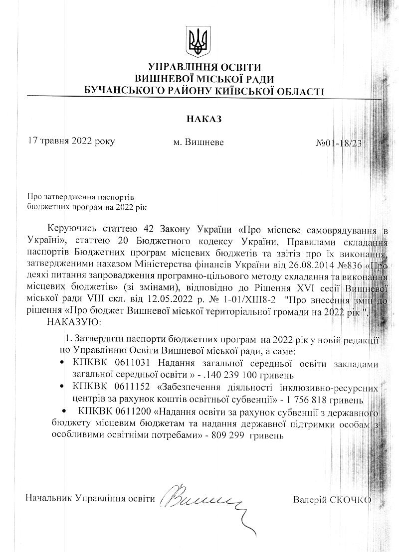 Про затвердження паспортів бюджетних програм на 2022 рік -18-23 UO
