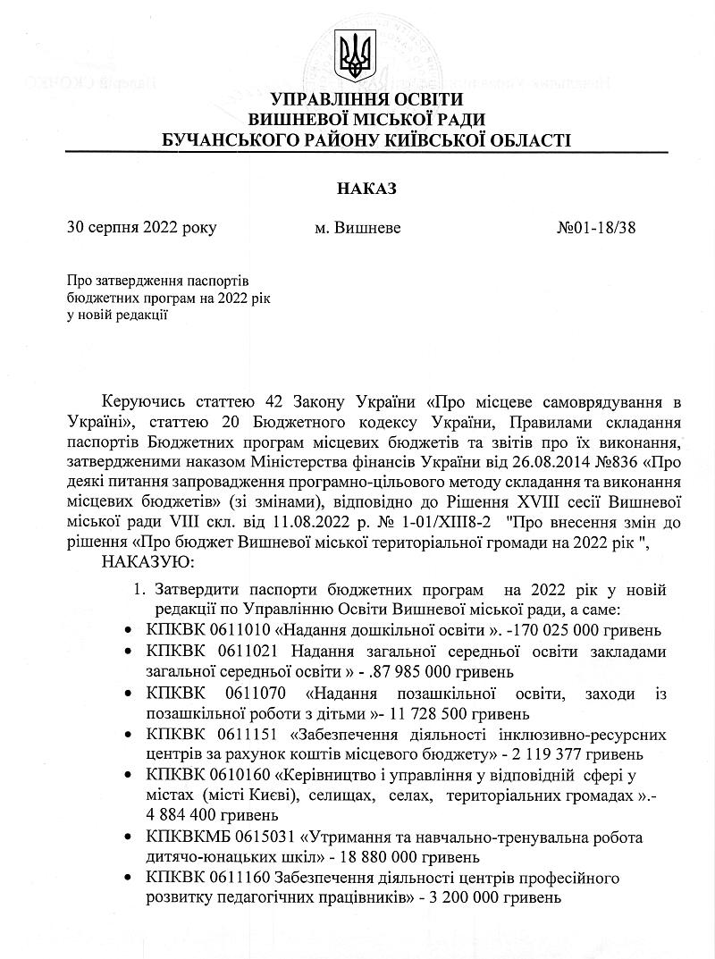 Про затвердження паспортів бюджетних програм на 2022 рік в новій редакції - УО 18-38