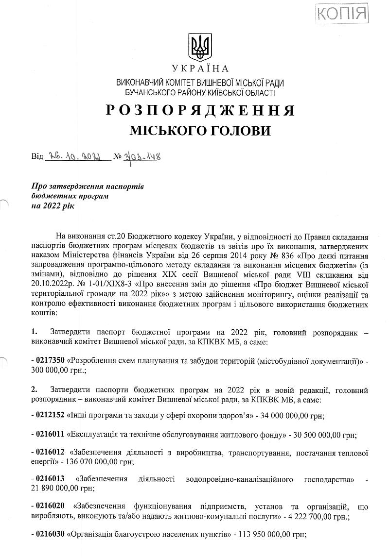 Про затвердження паспортів бюджетних програм на 2022 рік -148 VK