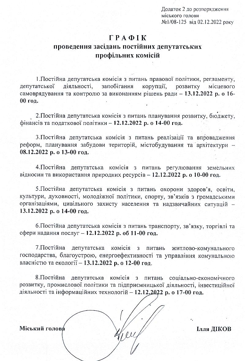 Розпорядження №1\08-125 від 02 грудня 2022 р. Про скликання чергової ХХ сесії Вишневої міської ради VIІІ скликання