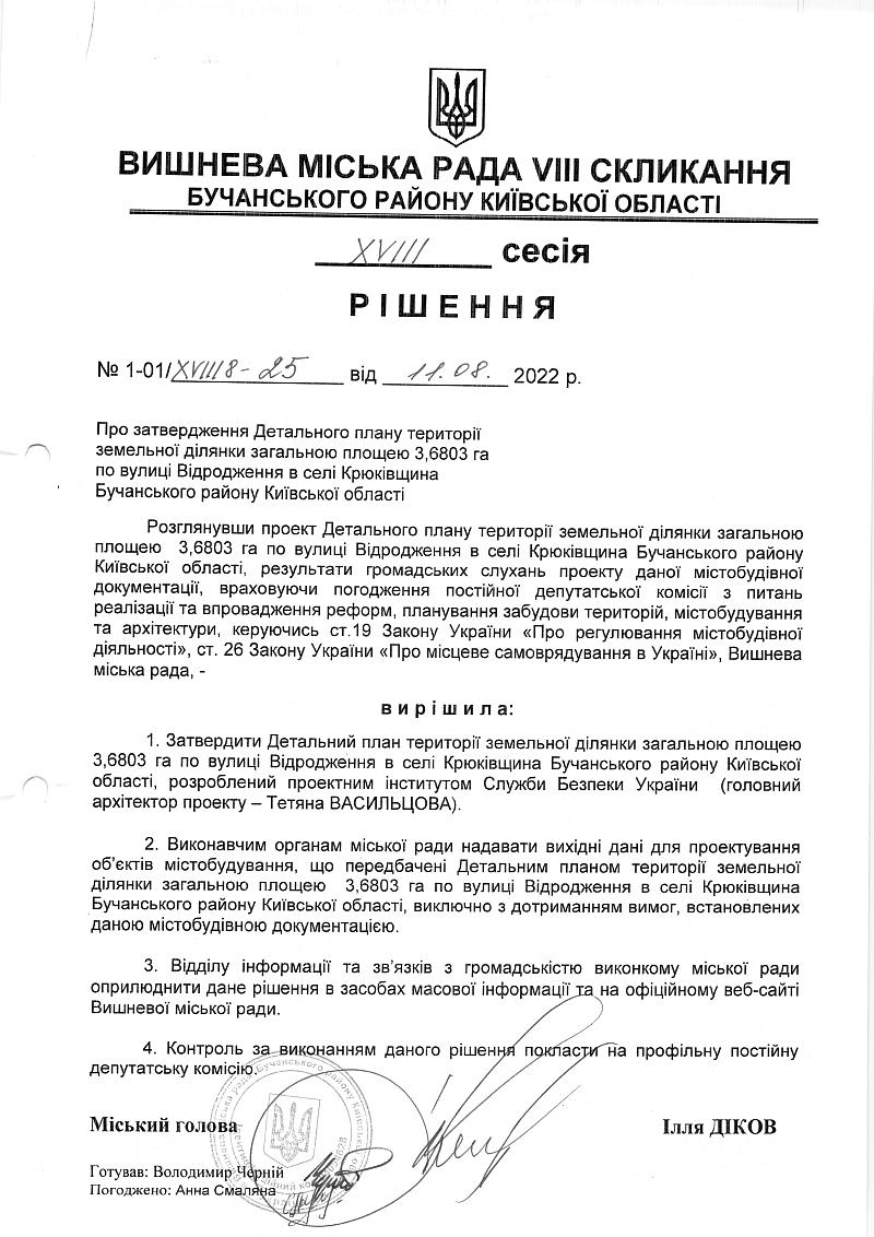 Детальний план території земельної ділянки загальною площею 3.6803 га по вулиці Відродження в селі Крюківщина Бучанського району Київської області