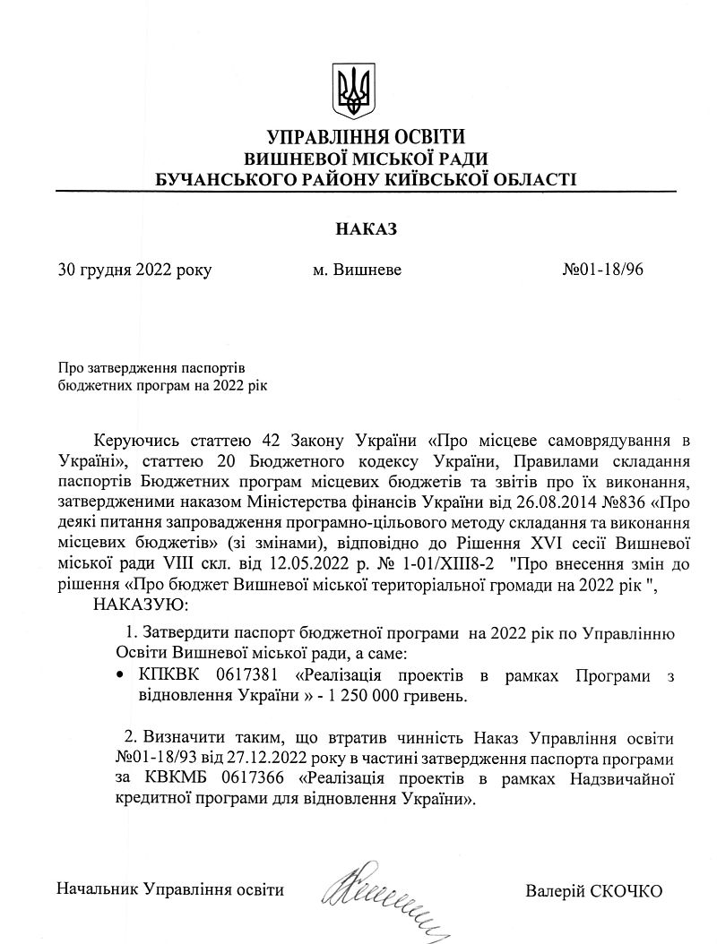 Про затвердження паспортів бюджетних програм на 2022 рік -18-96 UO