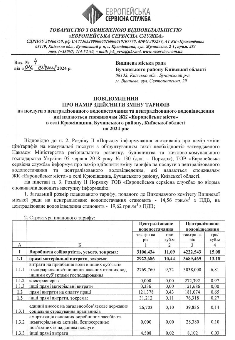 Повідомлення про намір здійснити зміну тарифів