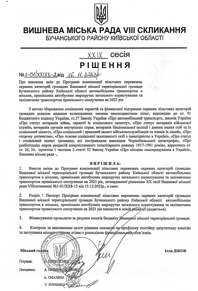 РІШЕННЯ ХХІХ СЕСІЇ VIІI СКЛИКАННЯ від 16.11.2023 року