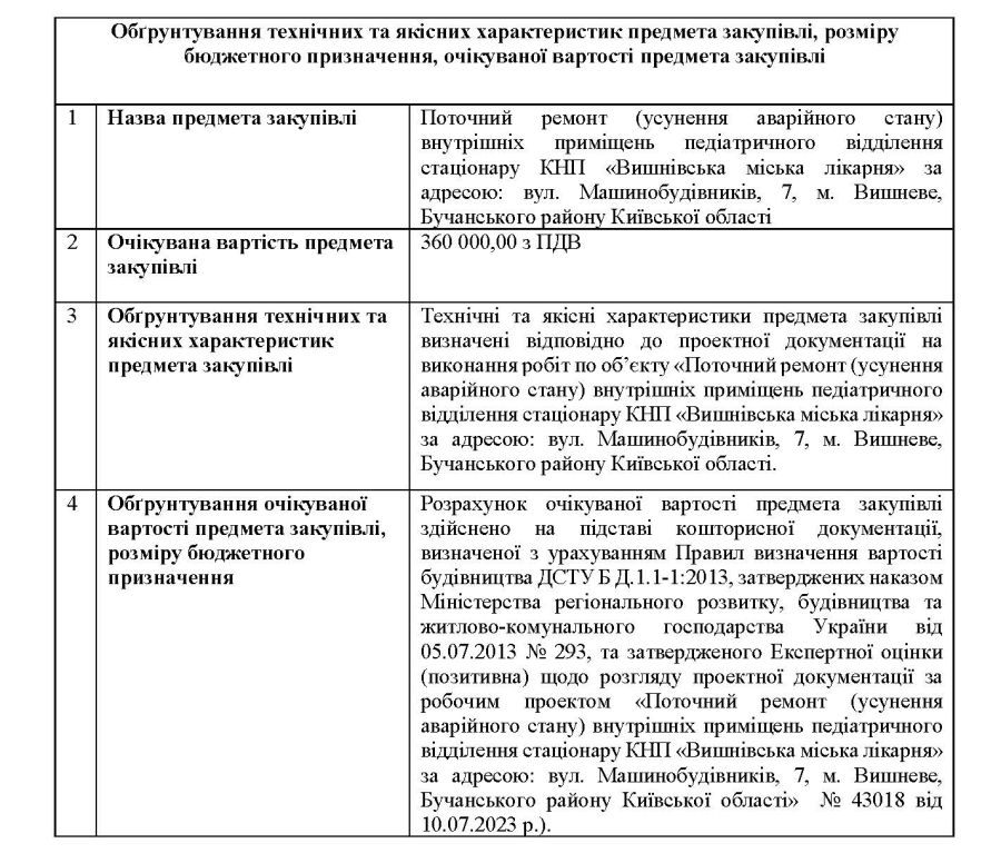 Обґрунтування технічних та якісних характеристик предмета закупівлі, розміру бюджетного призначення, очікуваної вартості предмета закупівлі: Поточний ремонт (усунення аварійного стану) внутрішніх приміщень педіатричного відділення стаціонару КНП «Вишнівська міська лікарня» за адресою: вул. Машинобудівників, 7, м. Вишневе, Бучанського району Київської області