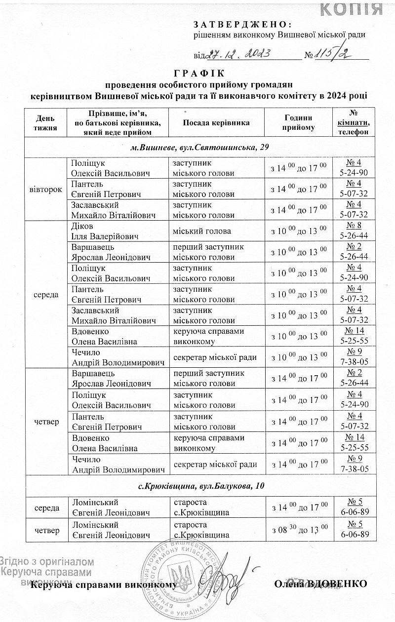 Графік особистого прийому громадян керівництвом Вишневої міської ради та її виконавчого комітету