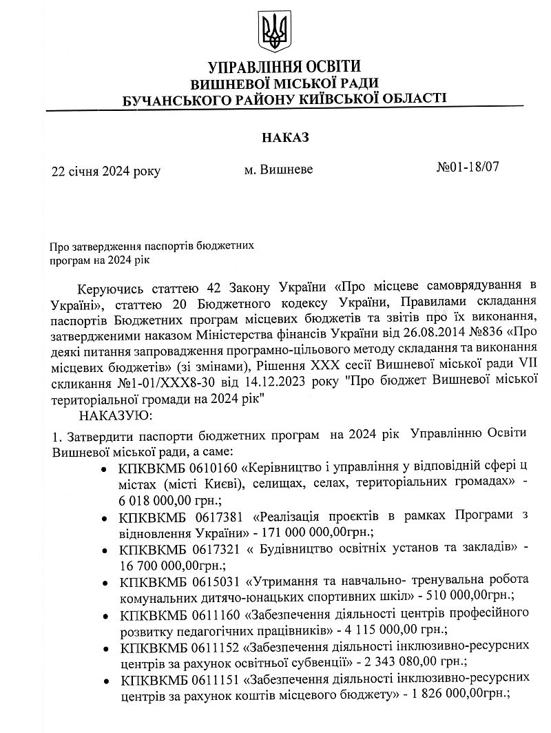 Управління освіти. Наказ №01-18/07 від 22.01.24 р. Про затвердження паспортів бюджетних програм на 2024 рік
