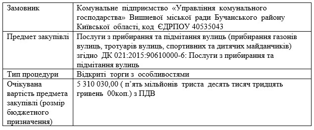 Обґрунтування технічних та якісних характеристик предмета закупівлі, розміру бюджетного призначення, очікуваної вартості предмета закупівлі послуг: Послуги з прибирання та підмітання вулиць (прибирання газонів вулиць, тротуарів вулиць, спортивних та дитячих майданчиків) згідно  ДК 021:2015:90610000-6: Послуги з прибирання та підмітання вулиць