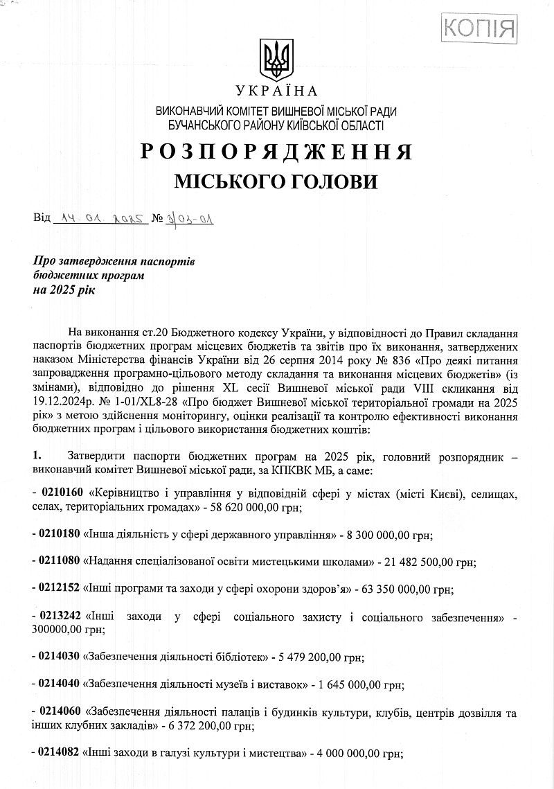 Розпорядження міського голови від 14.01.2025 р. № 3\03 - 01 Про затвердження паспортів бюджетних програм на 2025 рік