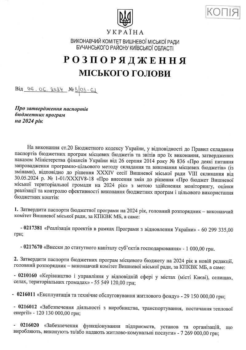 Розпорядження міського голови від 06.06.2024 р. № 3\03 - 62 Про затвердження паспортів бюджетних програм на 2024 рік 