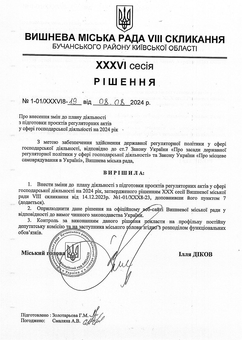 Внесення змін до плану діяльності з підготовки проектів регуляторних актів у сфері господарської діяльності на 2024 рік