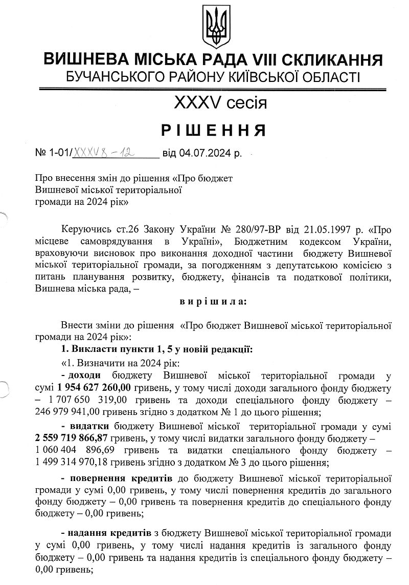 РІШЕННЯ ХХХV СЕСІЇ VIІІ СКЛИКАННЯ від 04.07.2024 року