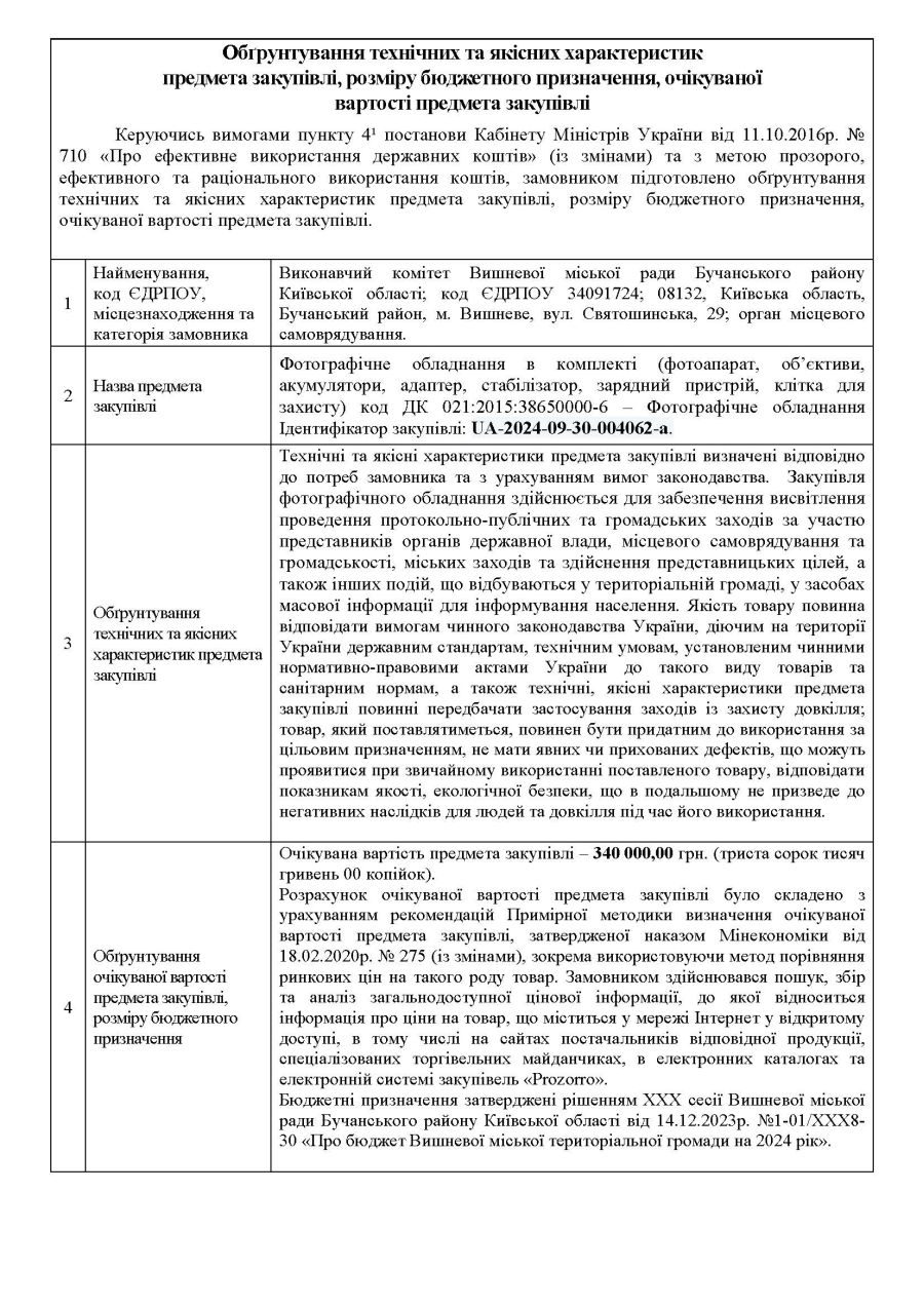 Обґрунтування технічних та якісних характеристик предмета закупівлі, розміру бюджетного призначення, очікуваної вартості предмета закупівлі