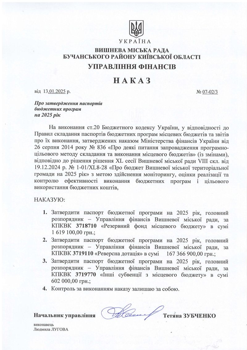 Управління фінансів. Про затвердження паспортів бюджетних програм на 2025 рік