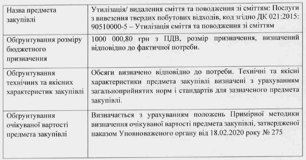 ОБГРУНТУВАННЯ ТЕХНІЧНИХ ТА ЯКІСНИХ ХАРАКТЕРИСТИК ПРЕДМЕТА ЗАКУПІВЛІ, РОЗМІРУ БЮДЖЕТНОГО ПРИЗНАЧЕННЯ ТА/АБО ОЧІКУВАНОЇ ВАРТОСТІ ПРЕДМЕТА ЗАКУПІВЛІ.             На виконання Постанови Кабінету Міністрів України від 1 серпня 2013 р. № 631«Про затвердження Порядку проведення перевірок закупівель Державною аудиторською службою, її міжрегіональними територіальними органами» таПостанови Кабінету Міністрів України від 11 жовтня 2016 р. № 710 «Про ефективне використання коштів» надається обґрунтування технічних та якісних характеристик предмета закупівлі, розміру бюджетного призначення, очікуваної вартості предмета закупівлі.