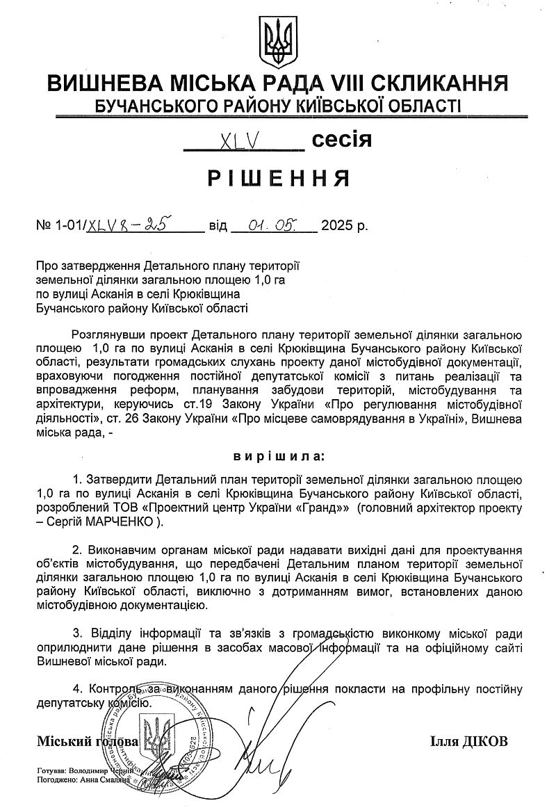 Детальний план території земельної ділянки загальною площею 1.0 га по вулиці Асканія в селі Крюківщина Бучанського району Київської області