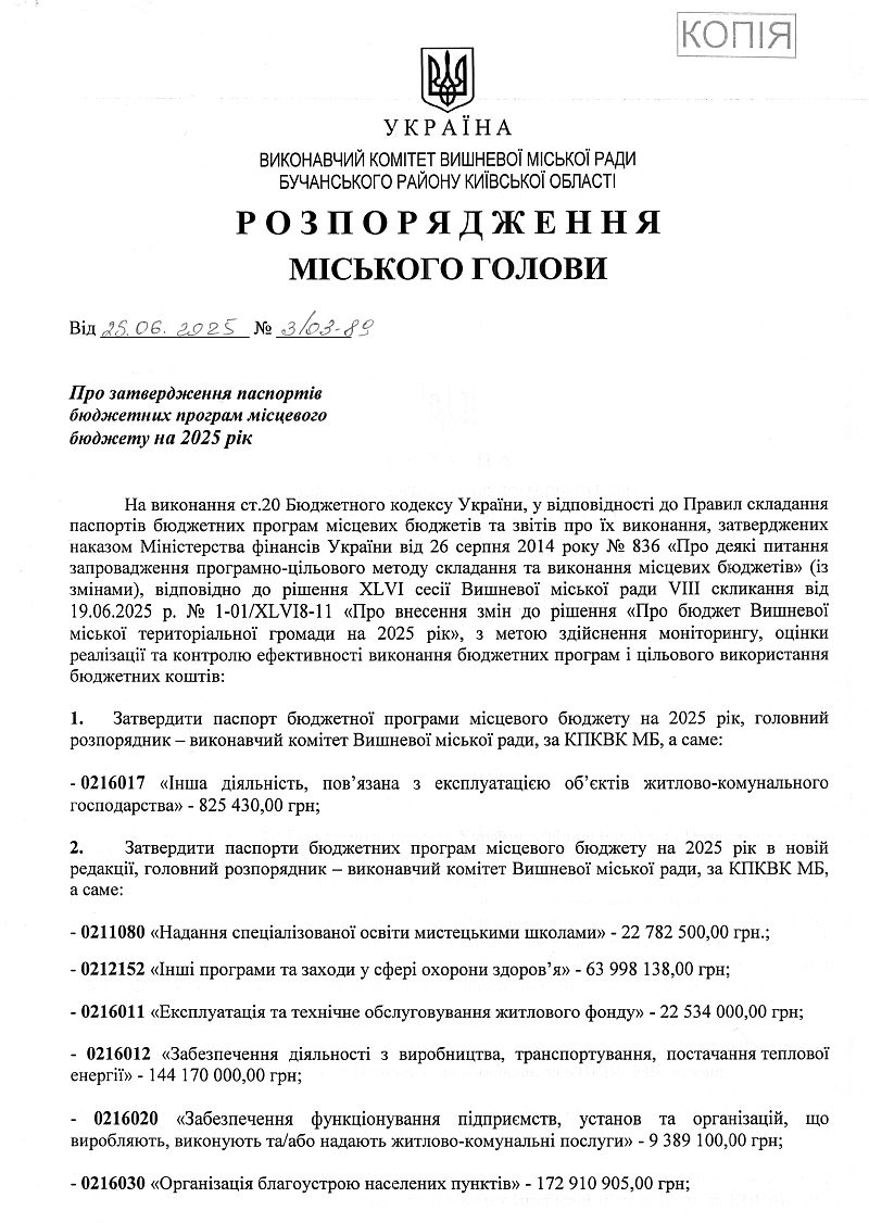 Розпорядження міського голови від 25.06.2025 р. № 3\03 - 89 Про затвердження паспортів бюджетних програм місцевого бюджету на 2025 рік