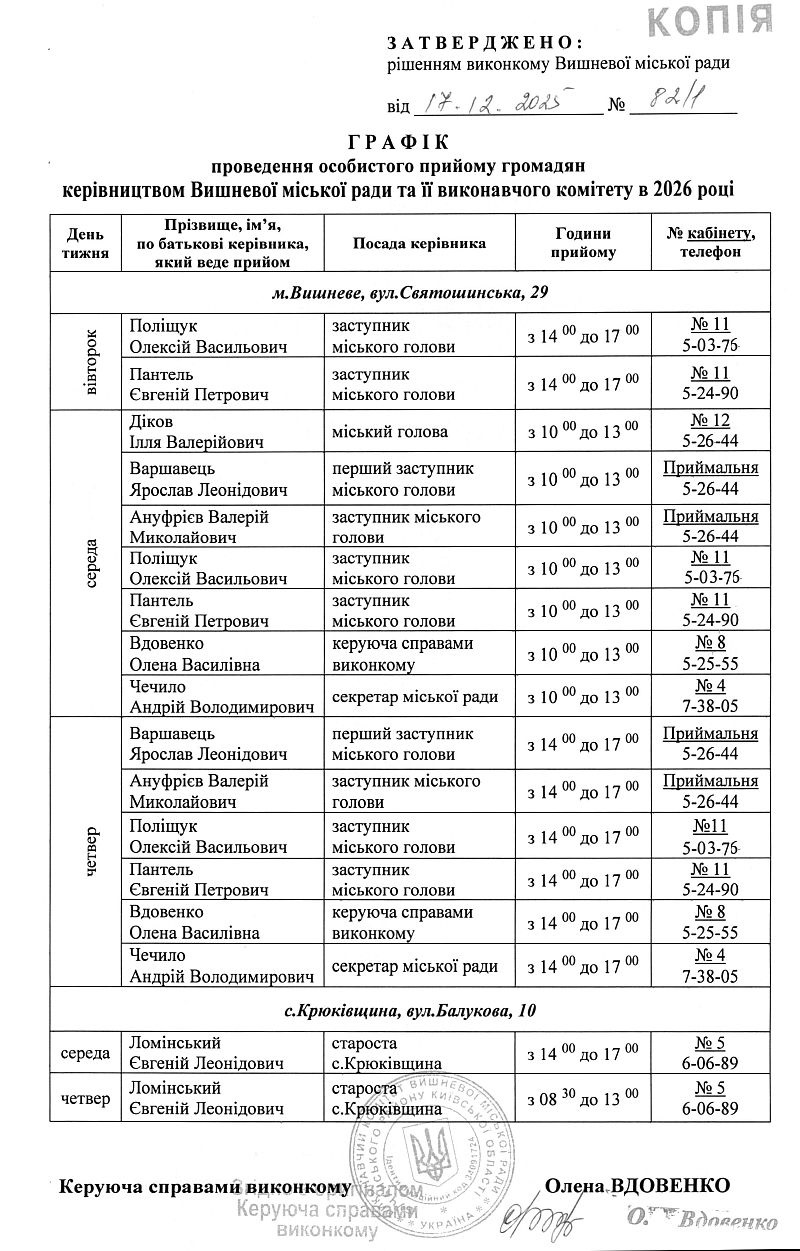 Графік проведення особистого прийому громадян керівництвом Вишневої міської ради та її виконавчого комітету в 2026 році