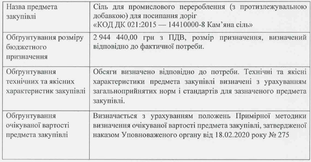 ОБГРУНТУВАННЯ ТЕХНІЧНИХ ТА ЯКІСНИХ ХАРАКТЕРИСТИК ПРЕДМЕТА ЗАКУПІВЛІ, РОЗМІРУ БЮДЖЕТНОГО ПРИЗНАЧЕННЯ ТА/АБО ОЧІКУВАНОЇ ВАРТОСТІ ПРЕДМЕТА ЗАКУПІВЛІ. На виконання Постанови Кабінету Міністрів України від 1 серпня 2013 р. № 631«Про затвердження Порядку проведення перевірок закупівель Державною аудиторською службою, її міжрегіональними територіальними органами» та Постанови Кабінету Міністрів України від 11 жовтня 2016 р. № 710 «Про ефективне використання коштів» надається обґрунтування технічних та якісних характеристик предмета закупівлі, розміру бюджетного призначення, очікуваної вартості предмета закупівлі.