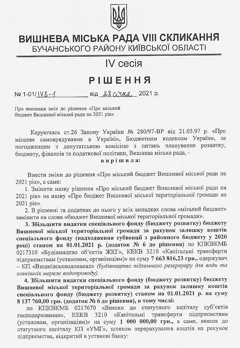 РІШЕННЯ ІV СЕСІЇ VIІI СКЛИКАННЯ від 28.01.2021 року