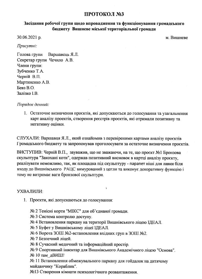 Протокол № 3 Засідання робочої групи щодо впровадження та функціонування громадського бюджету Вишневе міської територіальної громади