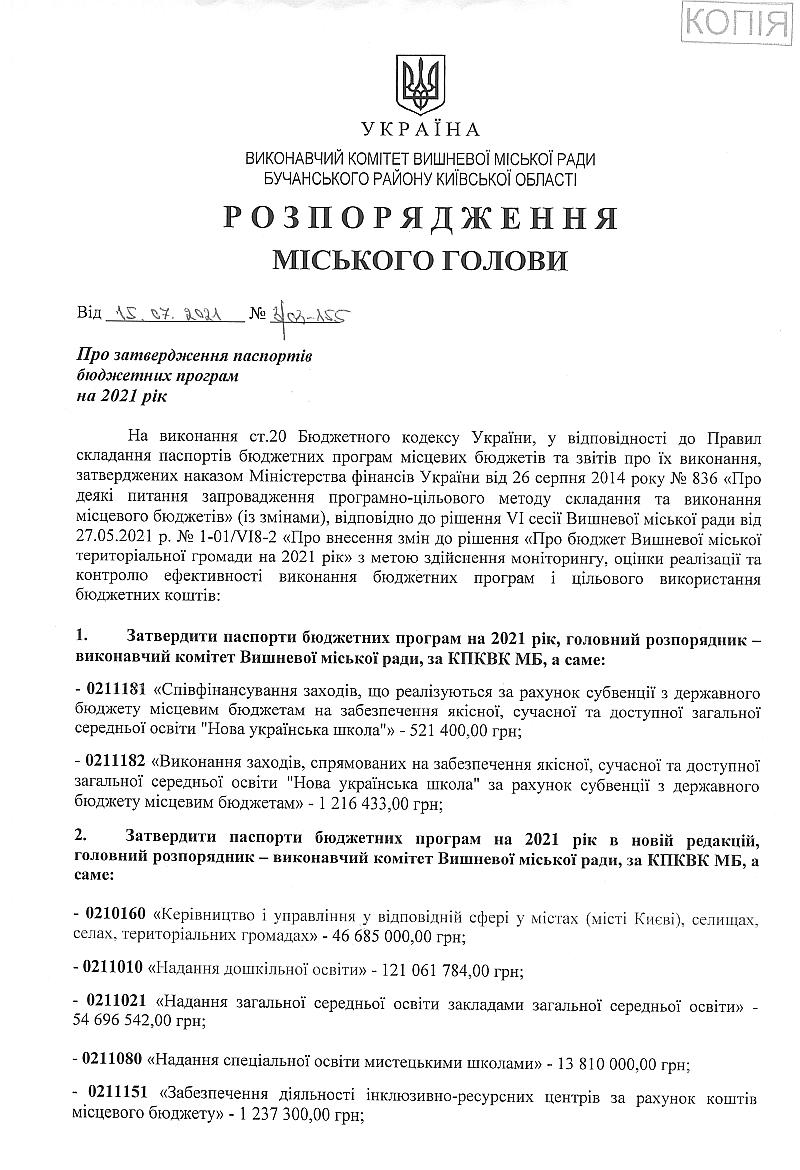 Про затвердження паспортів бюджетних програм на 2021 рік