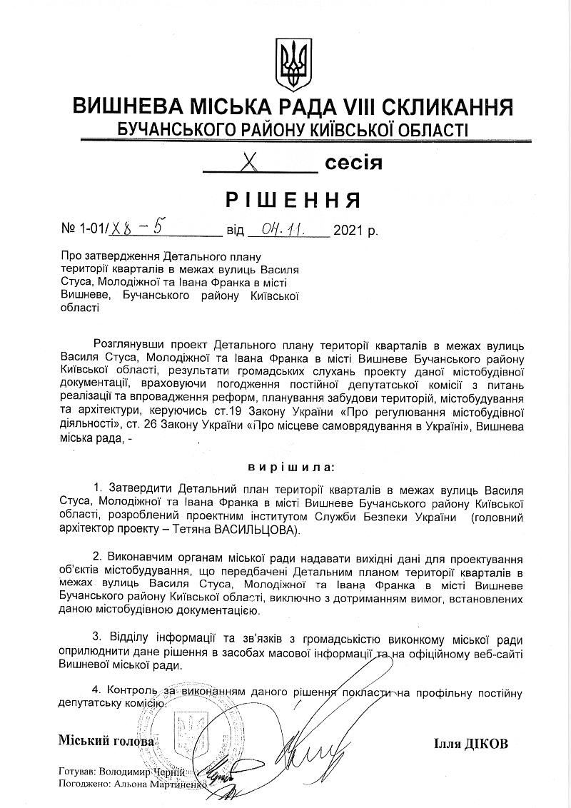 Детальний план території кварталів в межах вулиць Василя Стуса, Молодіжної та Івана Франка в місті Вишневе, Бучанського району Київської області