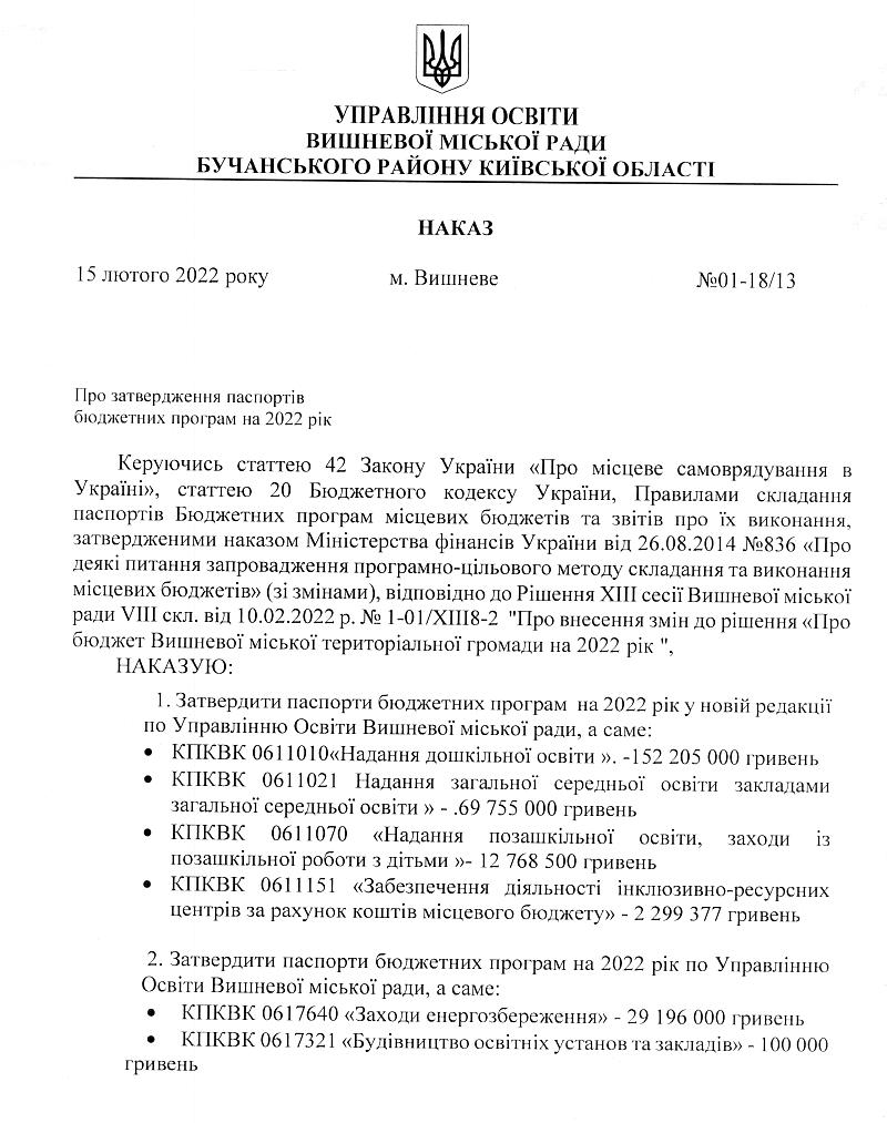 Про затвердження паспортів бюджетних програм на 2022 рік -18-13 UO