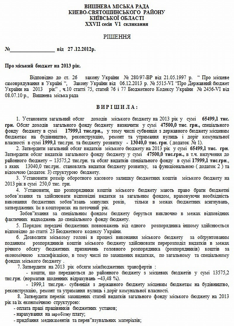 Міський бюджет 2013 рік