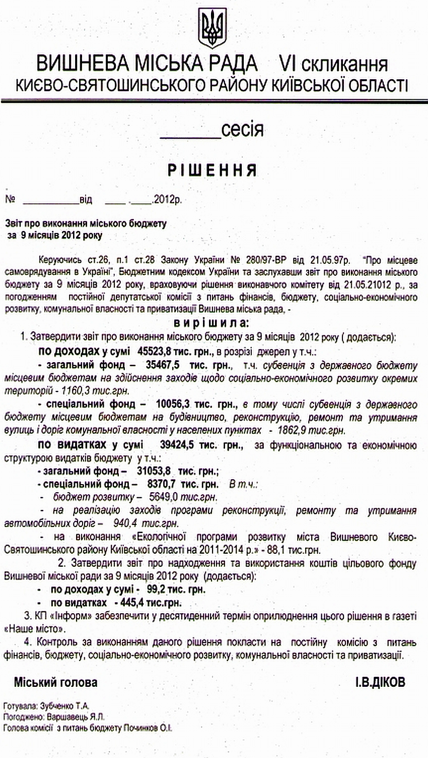 Звіт про виконання міського бюджету за 9 місяців 2012 ріку
