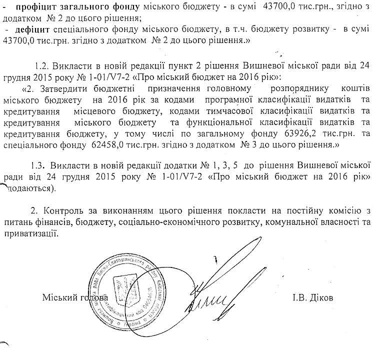 РІШЕННЯ VI СЕСІЇ VIІ СКЛИКАННЯ від 21.01.2016 року